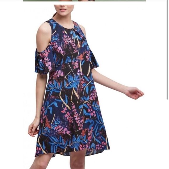 NWOT Anthropologie MAEVE Elia Cold Shoulder midi Dress In Navy Motif size US 8 - Picture 1 of 9